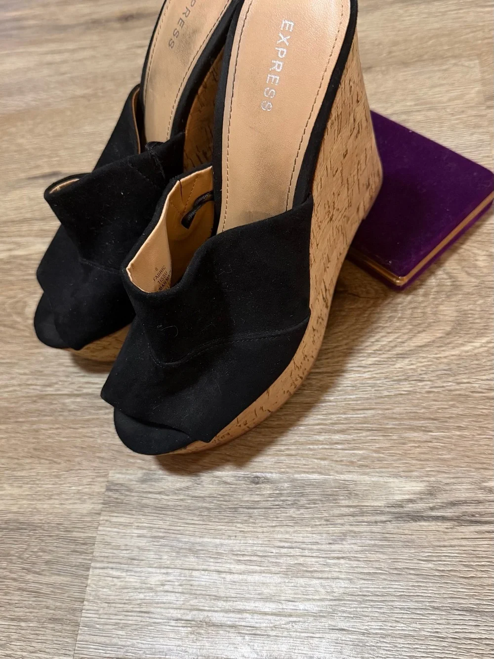 Express Black Suede Cork Platform Wedges